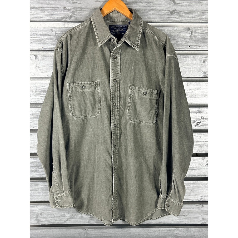Vtg American Eagle Outfitters Mens Corduroy Button Down Shirt Gray L Cotton